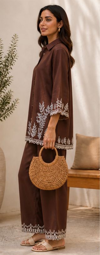Women Premium Cotton Co-Ord Set with Embroidered Shirt Style Top and Palazzo Pants