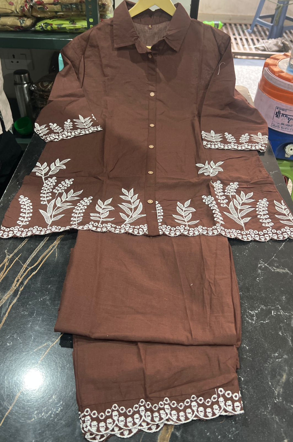 Women Premium Cotton Co-Ord Set with Embroidered Shirt Style Top and Palazzo Pants