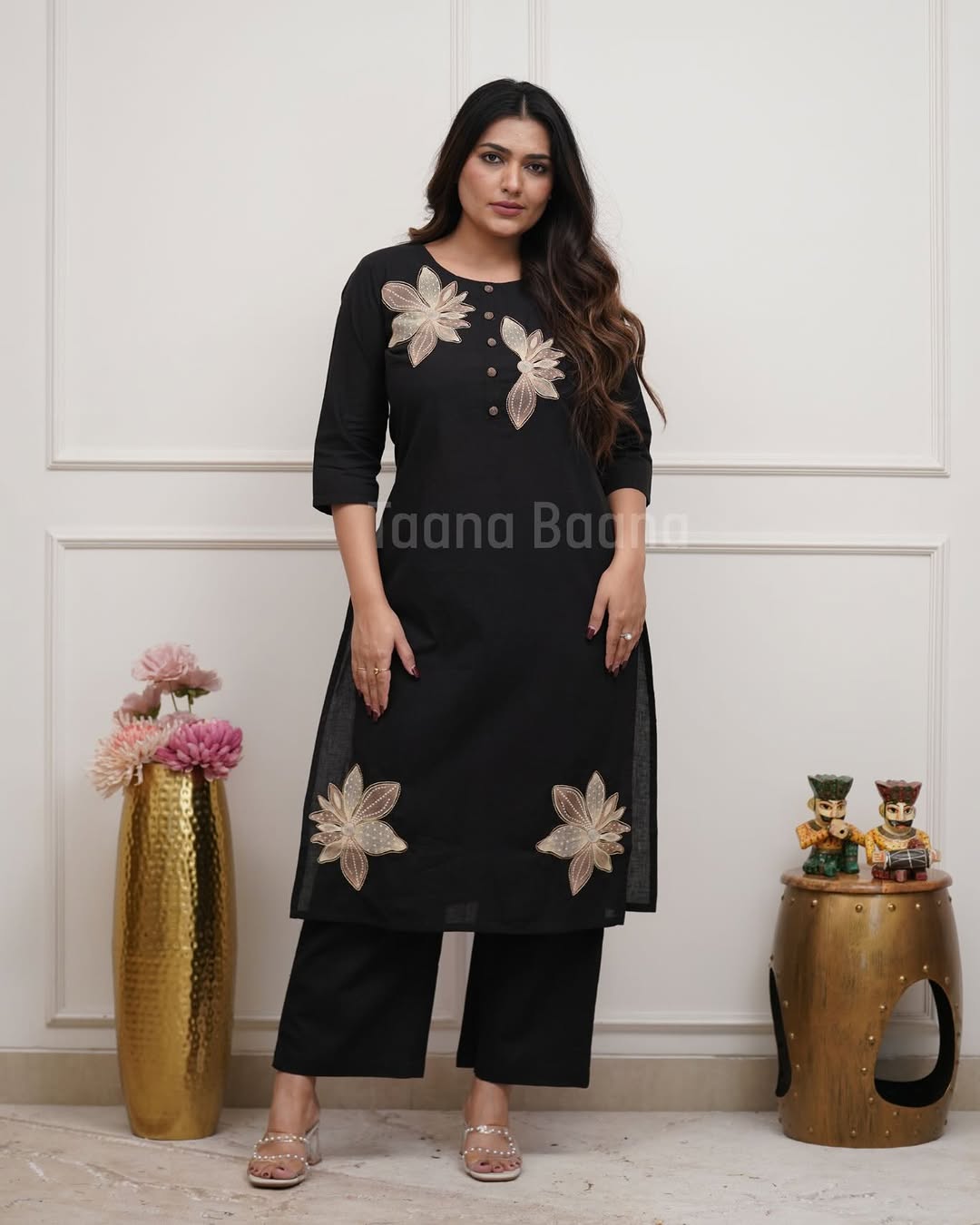 Women Premium Cotton Flex Kurta Set with Pants Embroidered Detail Straight Ethnic Co-Ord Set