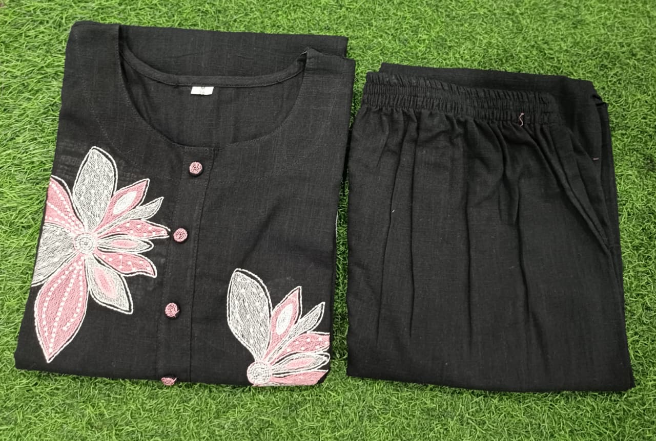 Women Premium Cotton Flex Kurta Set with Pants Embroidered Detail Straight Ethnic Co-Ord Set