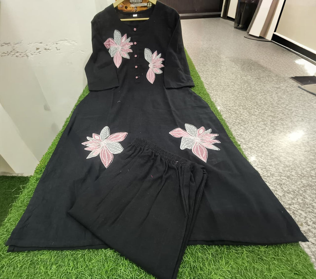 Women Premium Cotton Flex Kurta Set with Pants Embroidered Detail Straight Ethnic Co-Ord Set