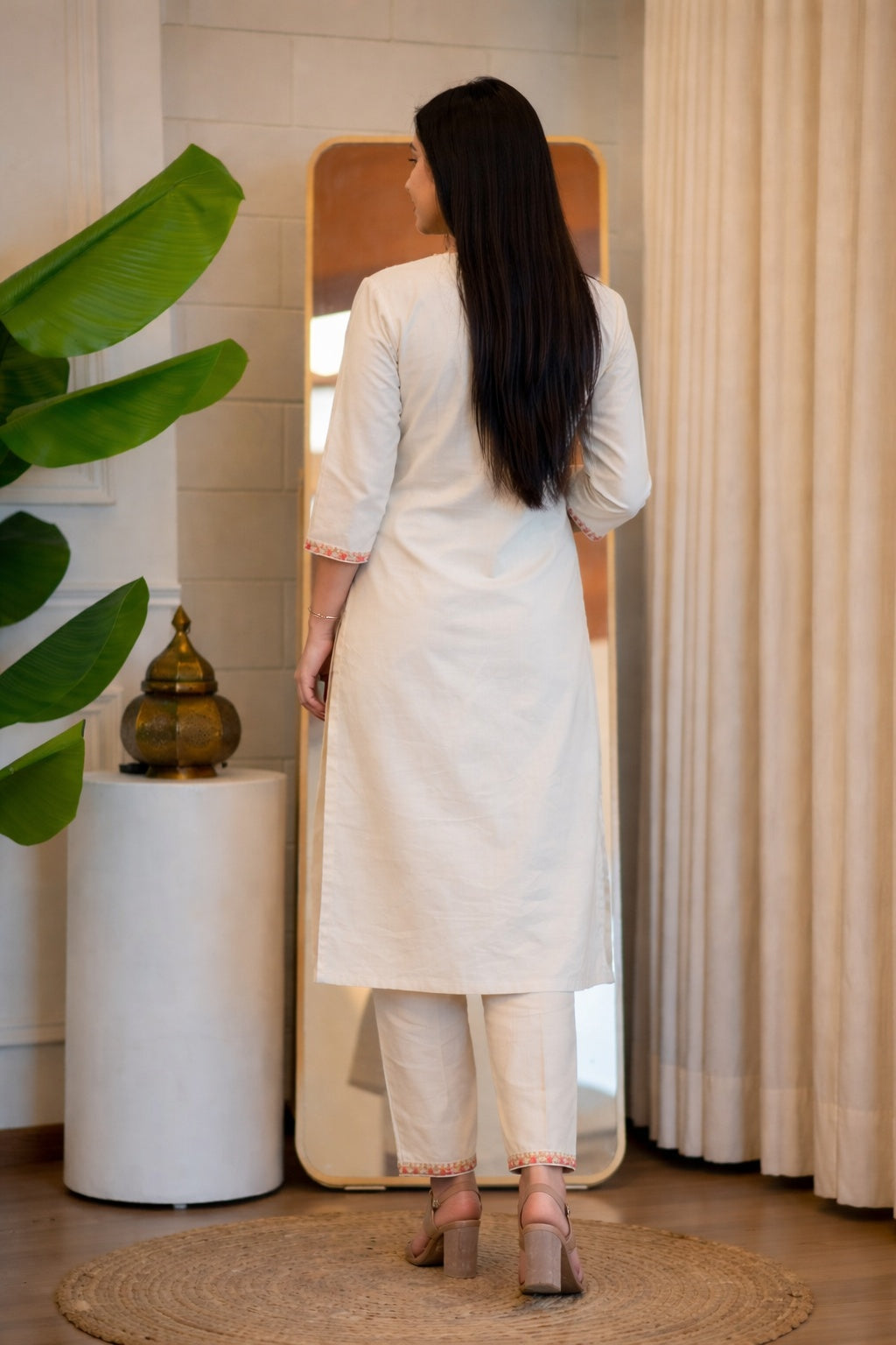 Women Premium Khadi Cotton Kurta Set with Pants Embroidered Straight Ethnic Co-Ord Set