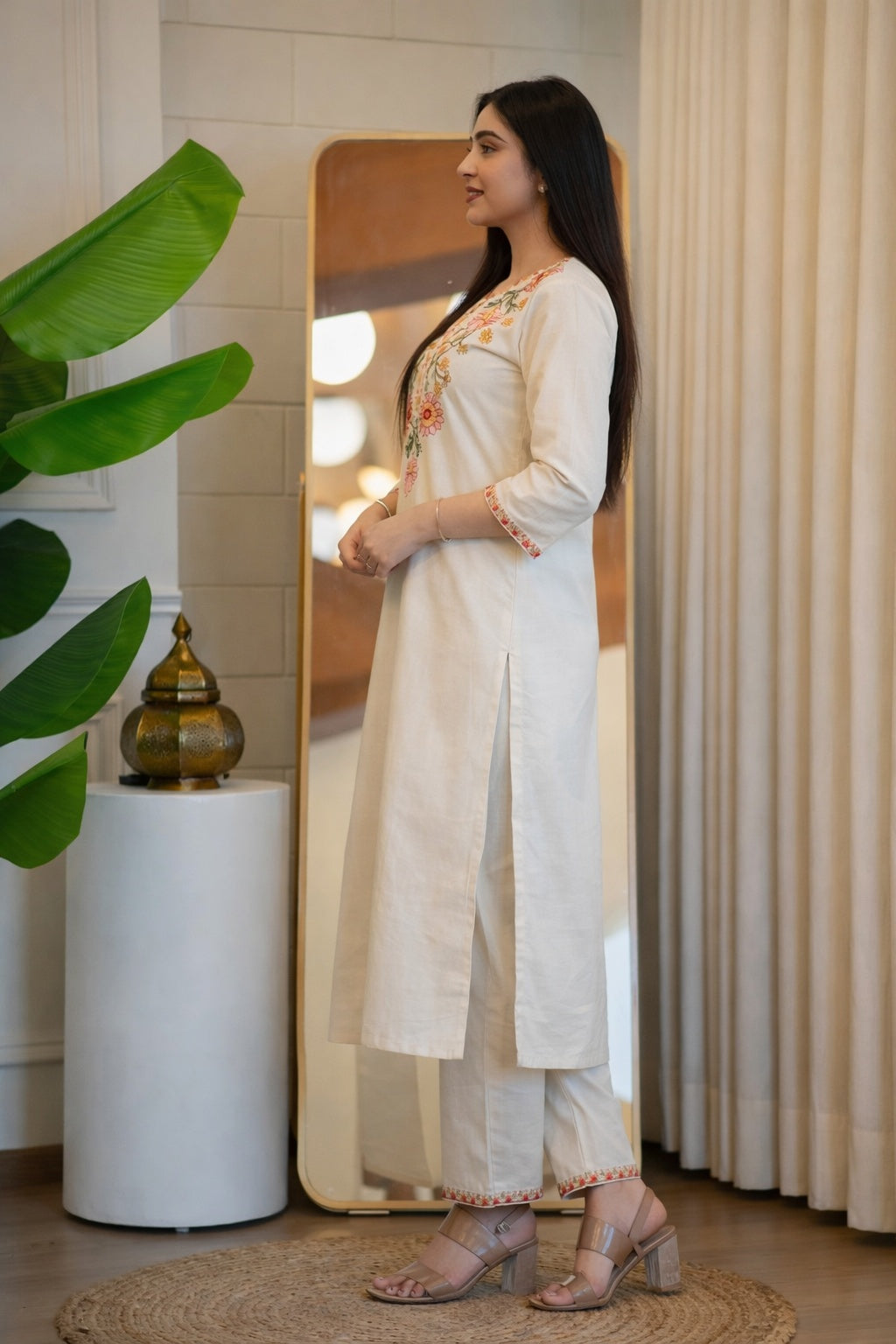 Women Premium Khadi Cotton Kurta Set with Pants Embroidered Straight Ethnic Co-Ord Set