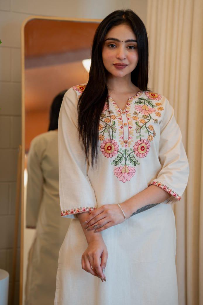 Women Premium Khadi Cotton Kurta Set with Pants Embroidered Straight Ethnic Co-Ord Set