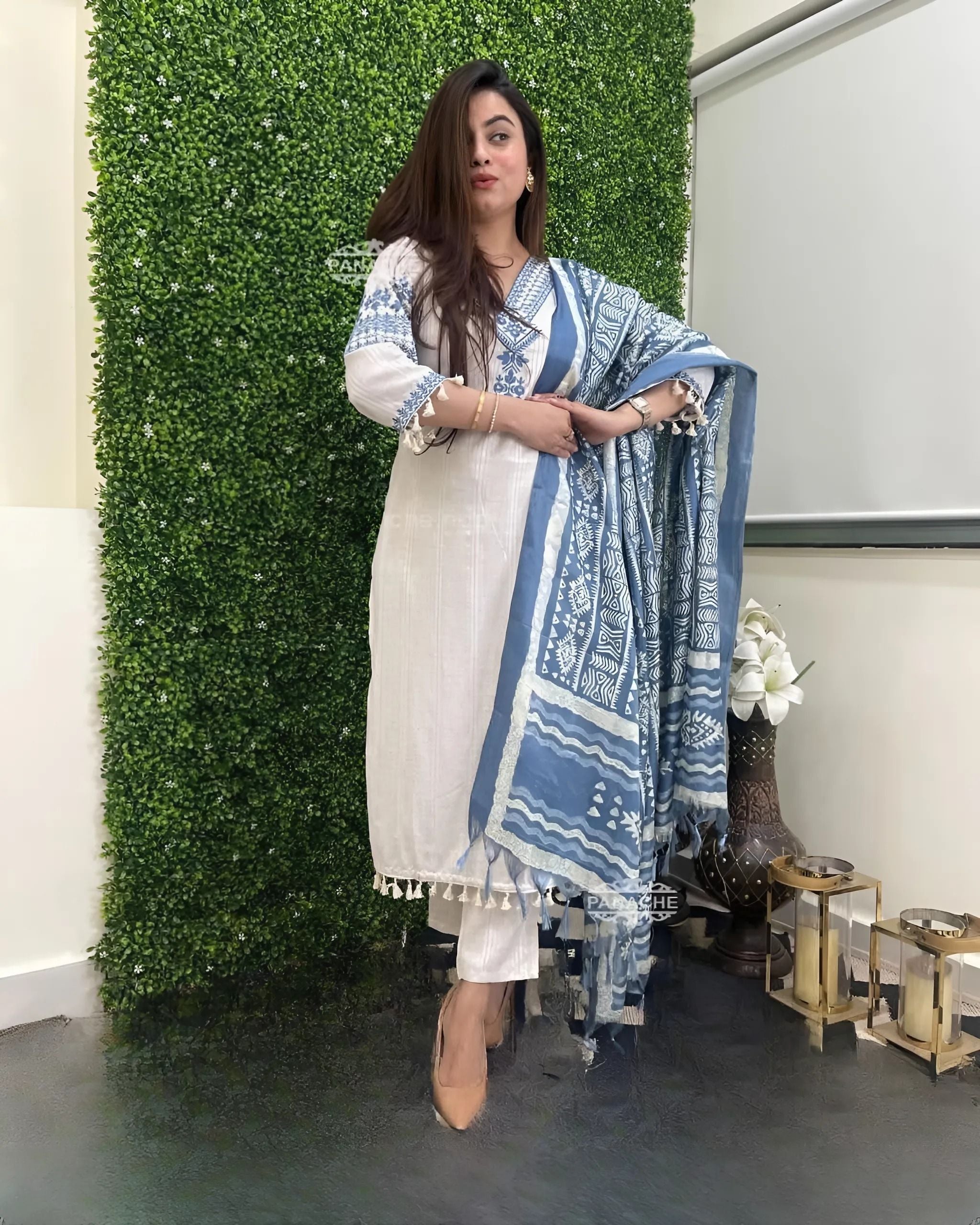 Blue Enchanting Pure Katha Cotton Kurti Set With Exquisite Embroidery & Silk Dupatta