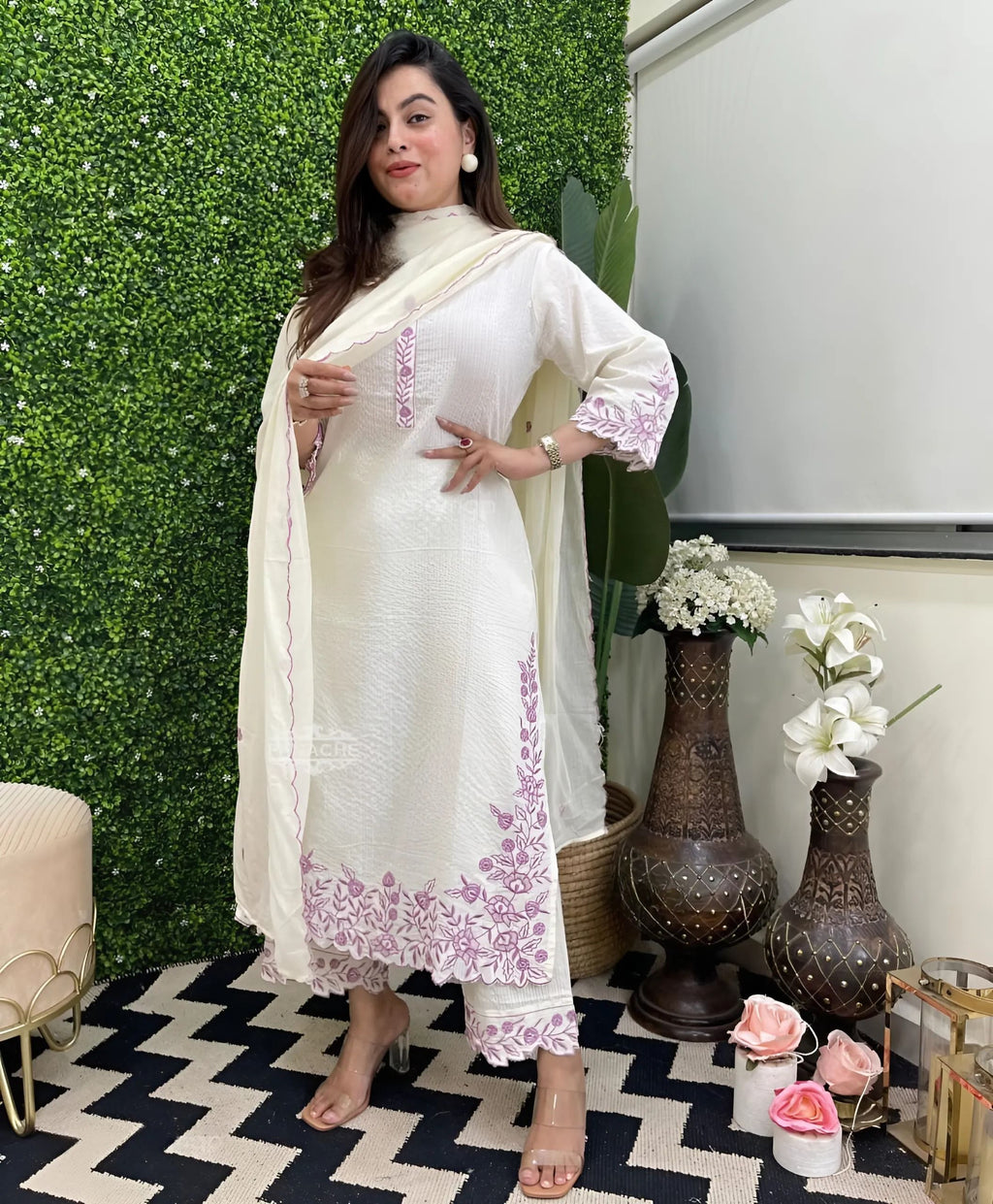 White Elegant Katha Cotton Kurti Pant And Dupatta Set