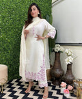 White Elegant Katha Cotton Kurti Pant And Dupatta Set
