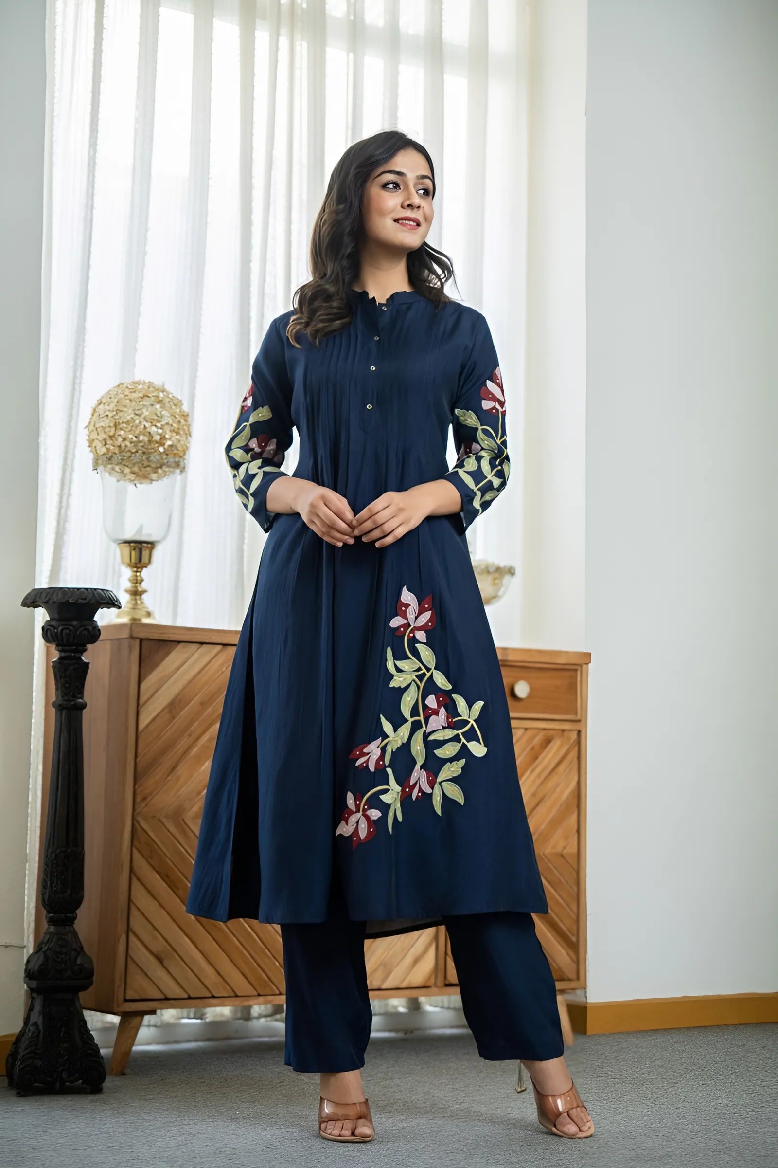 Elegant Pleated Cotton Kurta Set with Heavy Embroidery & Sequins | Kurti + Pant