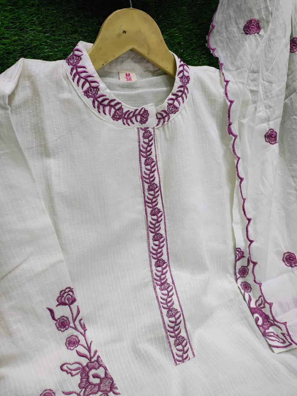 White Elegant Katha Cotton Kurti Pant And Dupatta Set
