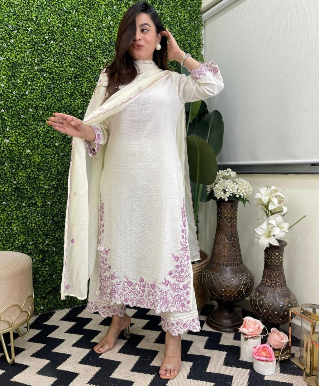 White Elegant Katha Cotton Kurti Pant And Dupatta Set