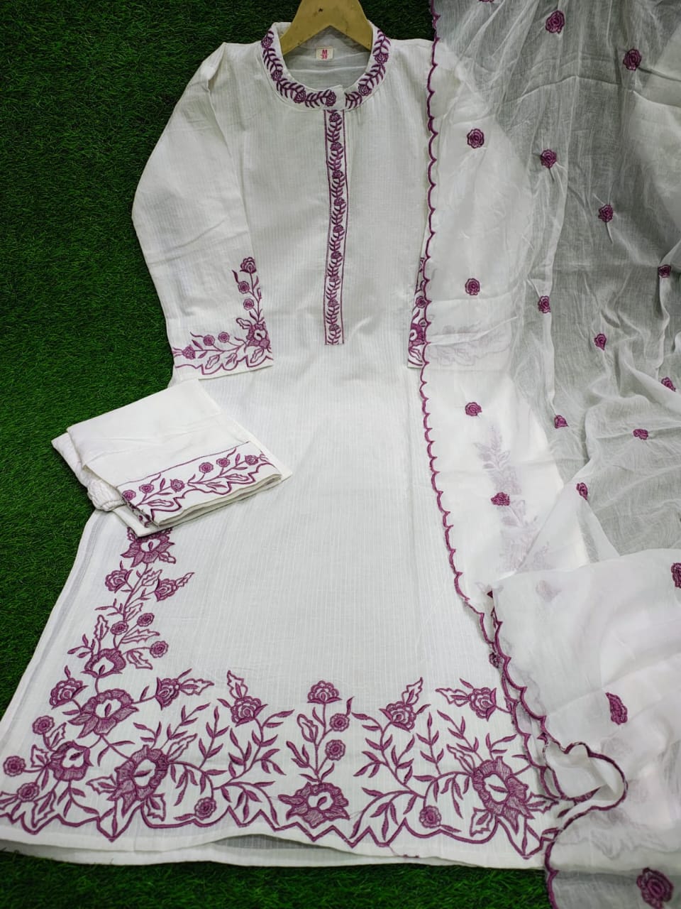 White Elegant Katha Cotton Kurti Pant And Dupatta Set