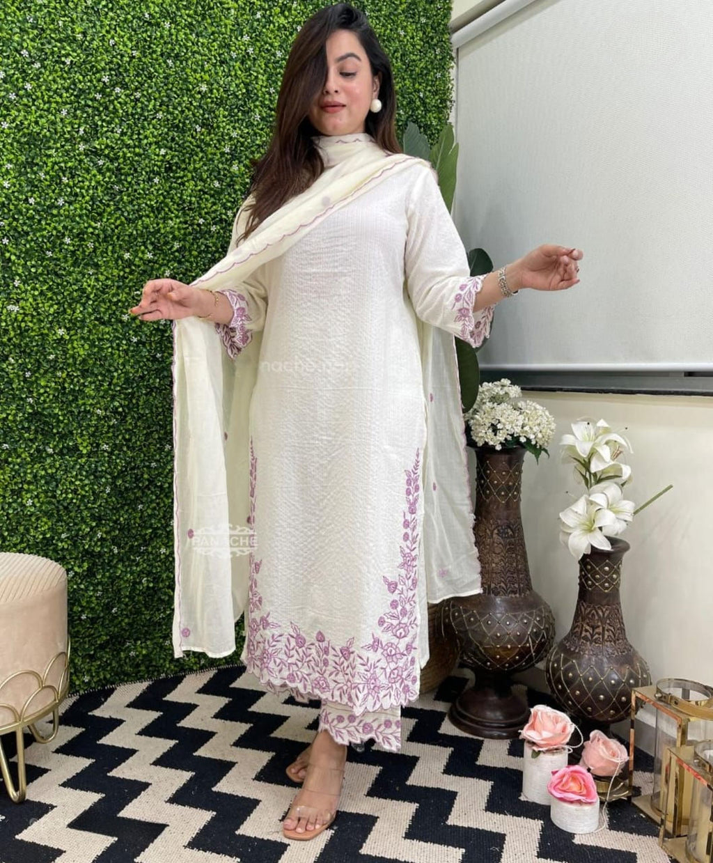 White Elegant Katha Cotton Kurti Pant And Dupatta Set