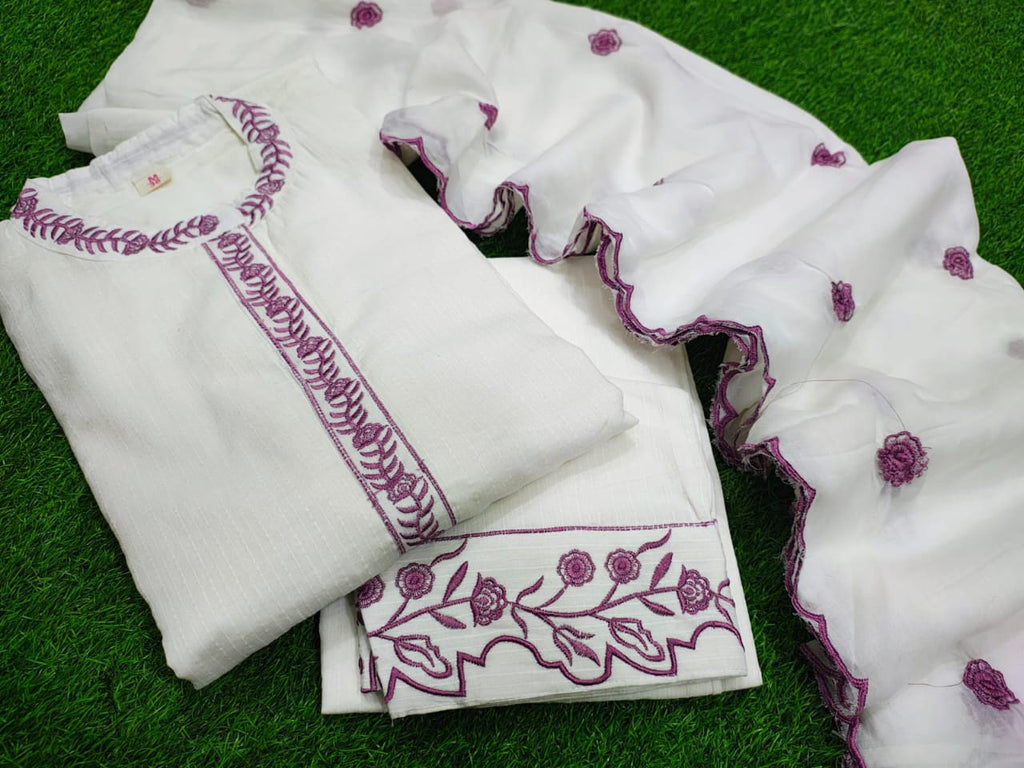 White Elegant Katha Cotton Kurti Pant And Dupatta Set