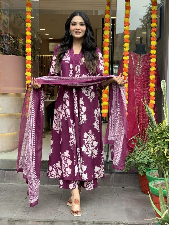 Wine Beautiful Blue Printed Cotton Anarkali Kurti With Palazzo And Dupatta