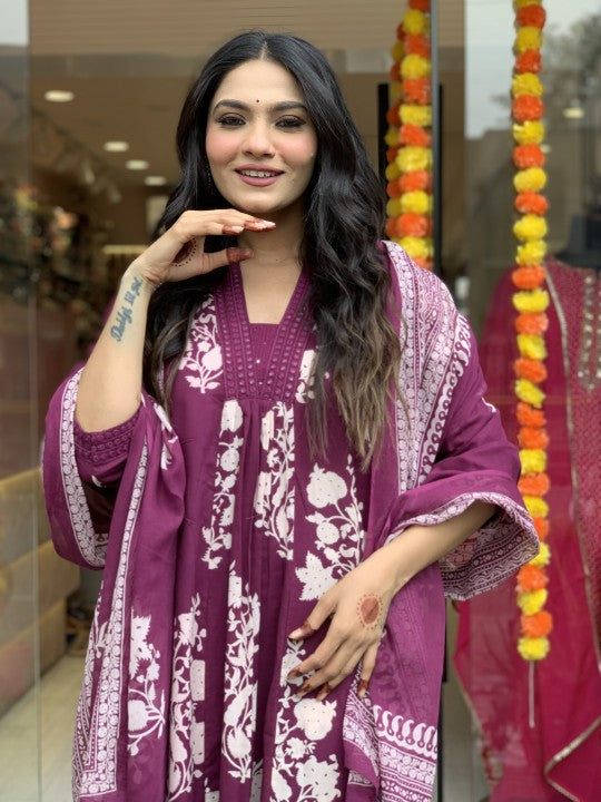 Wine Beautiful Blue Printed Cotton Anarkali Kurti With Palazzo And Dupatta