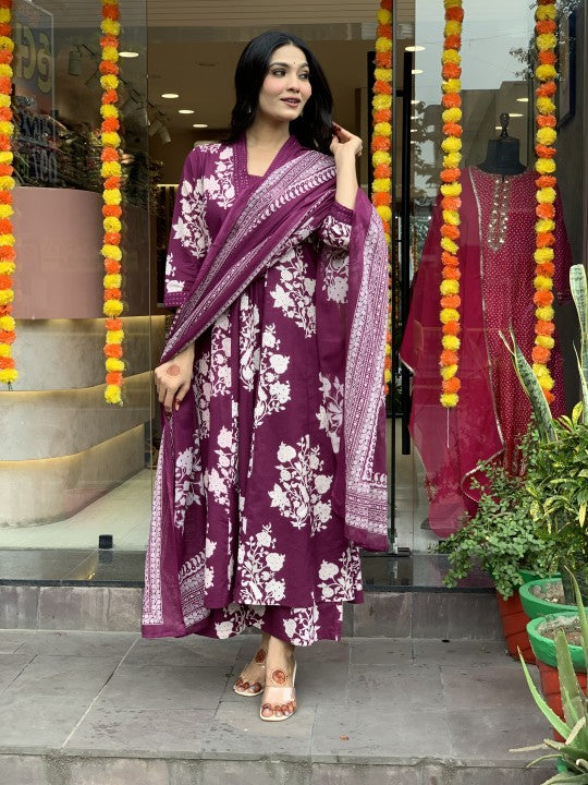 Wine Beautiful Blue Printed Cotton Anarkali Kurti With Palazzo And Dupatta