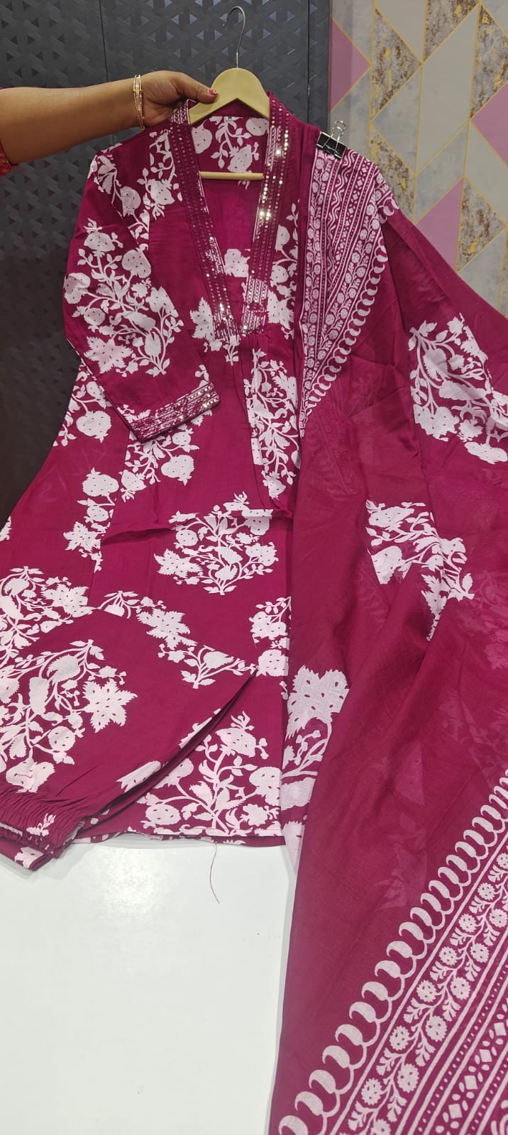 Wine Beautiful Blue Printed Cotton Anarkali Kurti With Palazzo And Dupatta