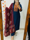 Women Printed Cotton Kurta Pant Dupatta Set