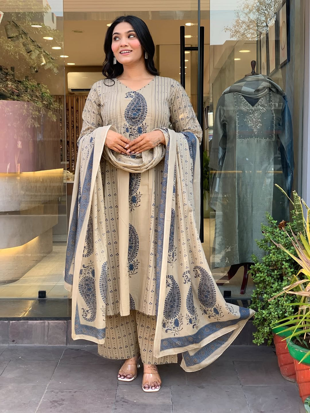 Women Printed Cotton Kurta Pant Dupatta Ethnic Set with EmbroideBLU Detailing