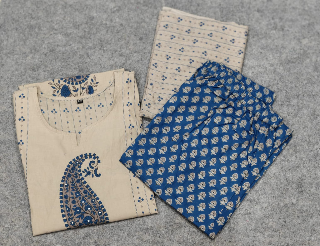 Women Printed Cotton Kurta Pant Dupatta Ethnic Set with EmbroideBLU Detailing