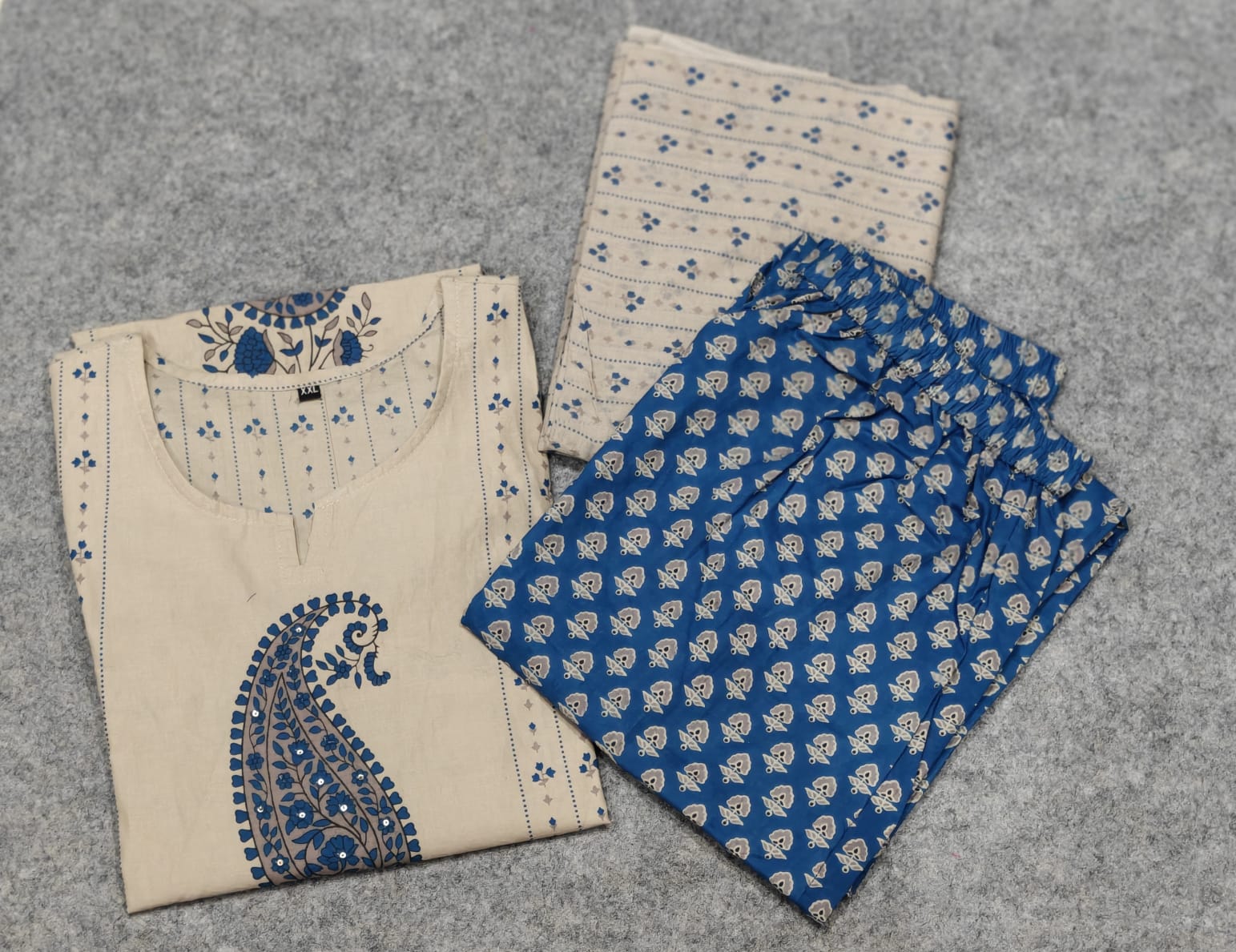 Women Printed Cotton Kurta Pant Dupatta Ethnic Set with EmbroideBLU Detailing