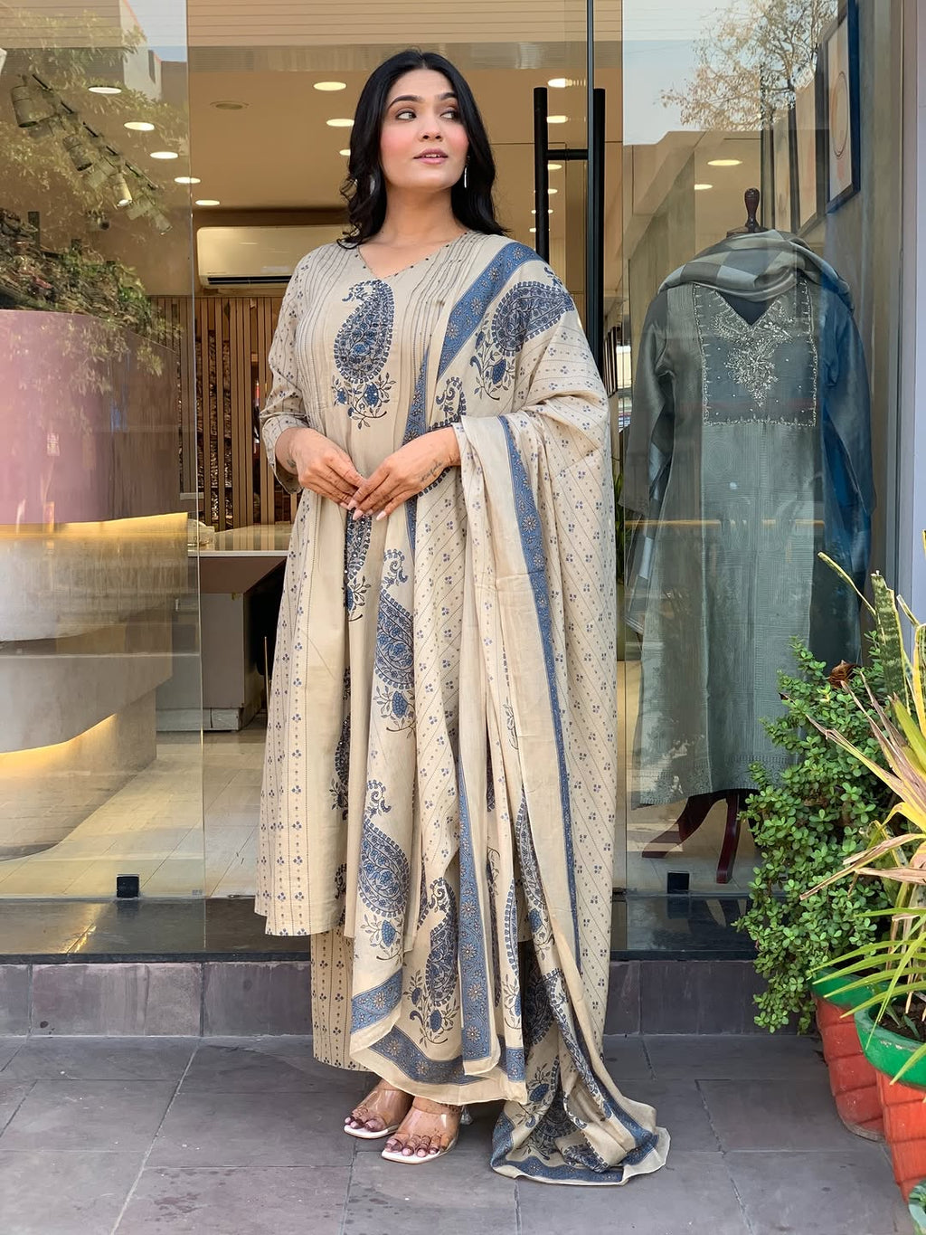 Women Printed Cotton Kurta Pant Dupatta Ethnic Set with EmbroideBLU Detailing