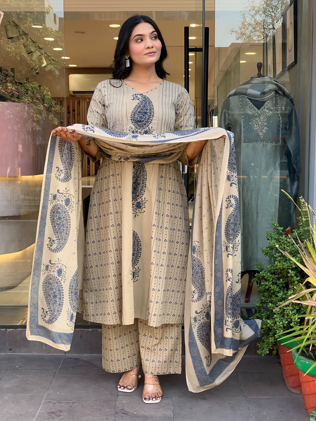 Women Printed Cotton Kurta Pant Dupatta Ethnic Set with EmbroideBLU Detailing