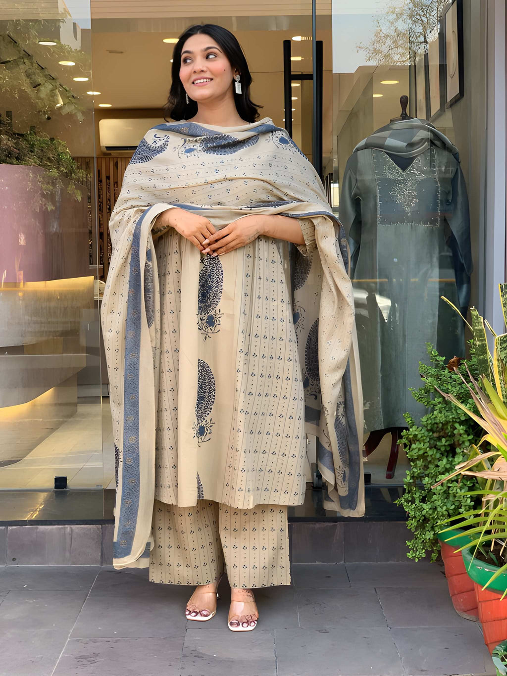 Women Printed Cotton Kurta Pant Dupatta Ethnic Set with EmbroideBLU Detailing