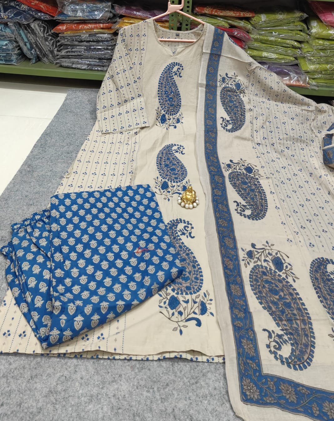 Women Printed Cotton Kurta Pant Dupatta Ethnic Set with EmbroideBLU Detailing