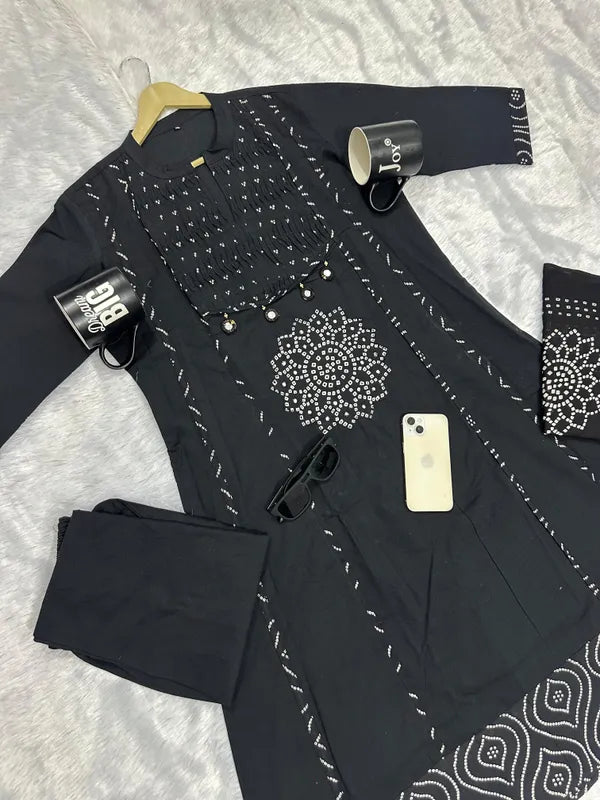 Women's Premium A-Line Cotton Kurta Pant Dupatta Set with Pintex & Adda Work