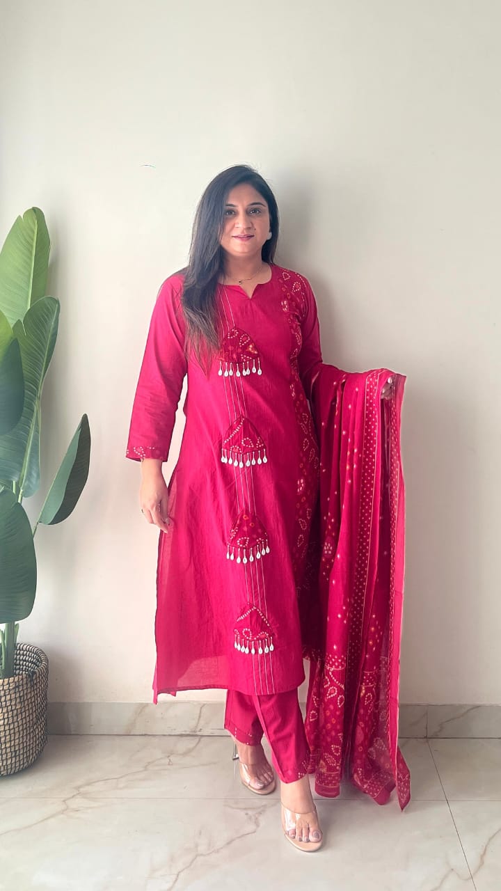 Women Premium Cotton Bandhani Print Kurta Pant Dupatta Set with Adda and Kodi Work