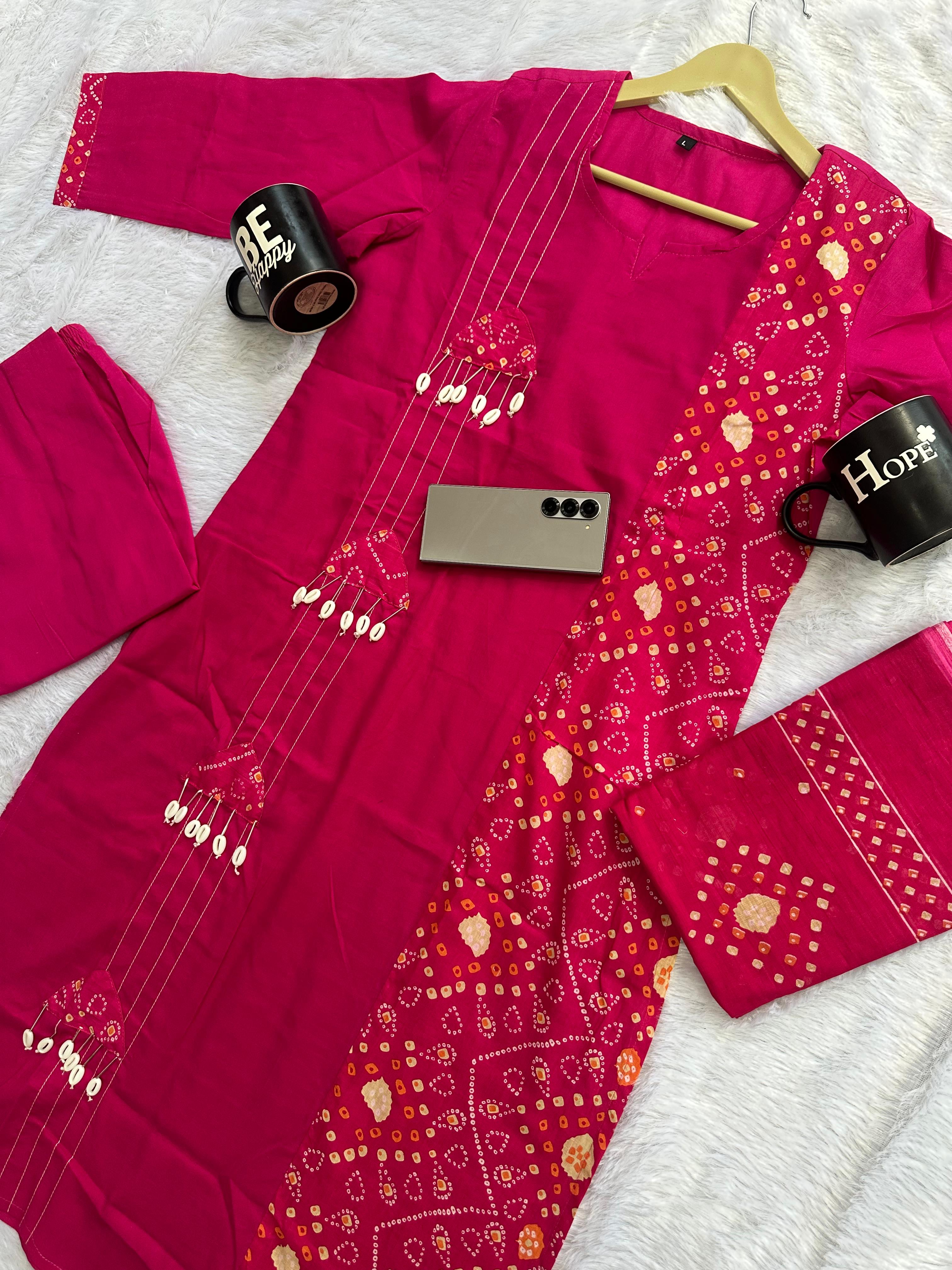 Women Premium Cotton Bandhani Print Kurta Pant Dupatta Set with Adda and Kodi Work