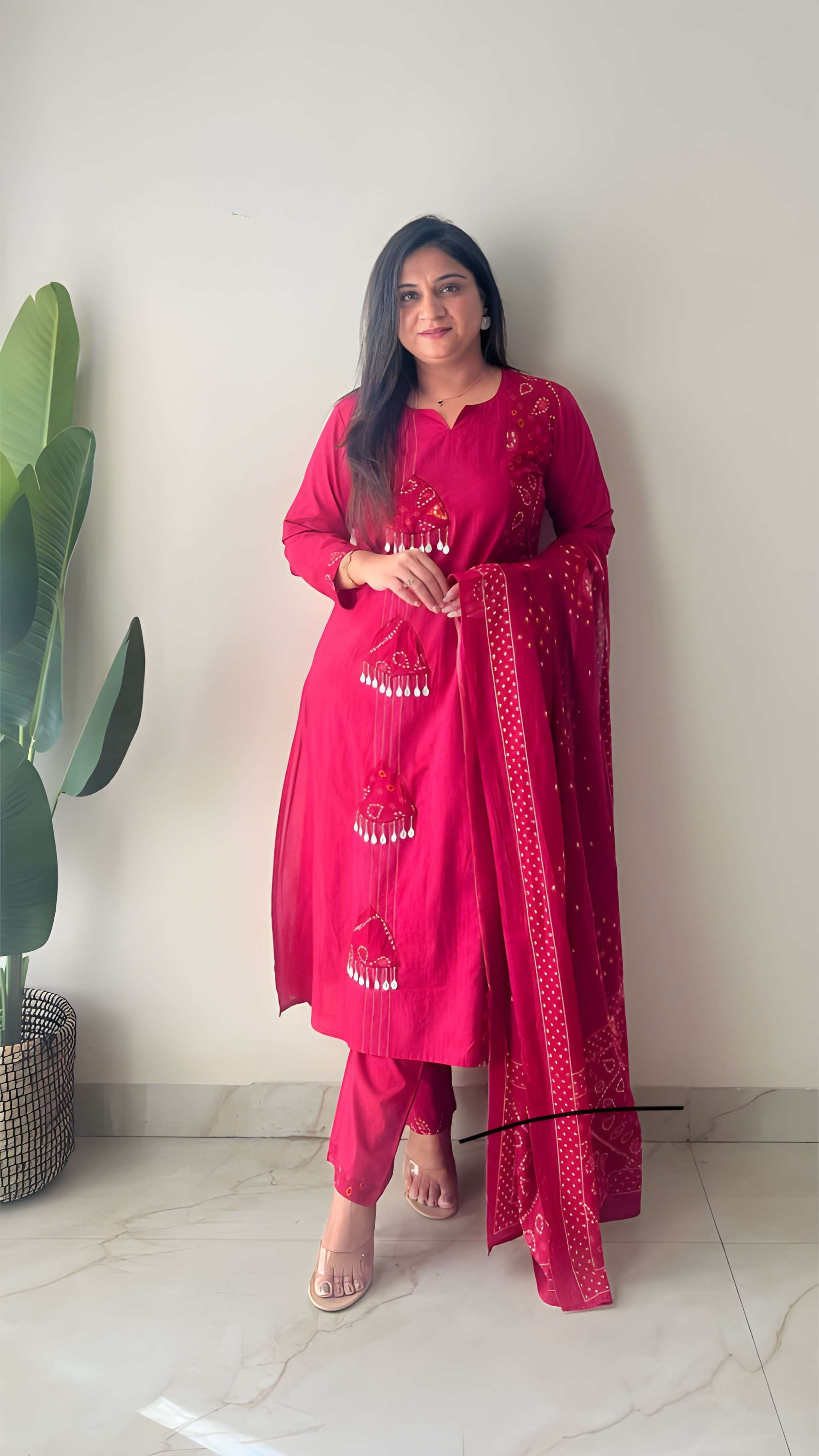 Women Premium Cotton Bandhani Print Kurta Pant Dupatta Set with Adda and Kodi Work