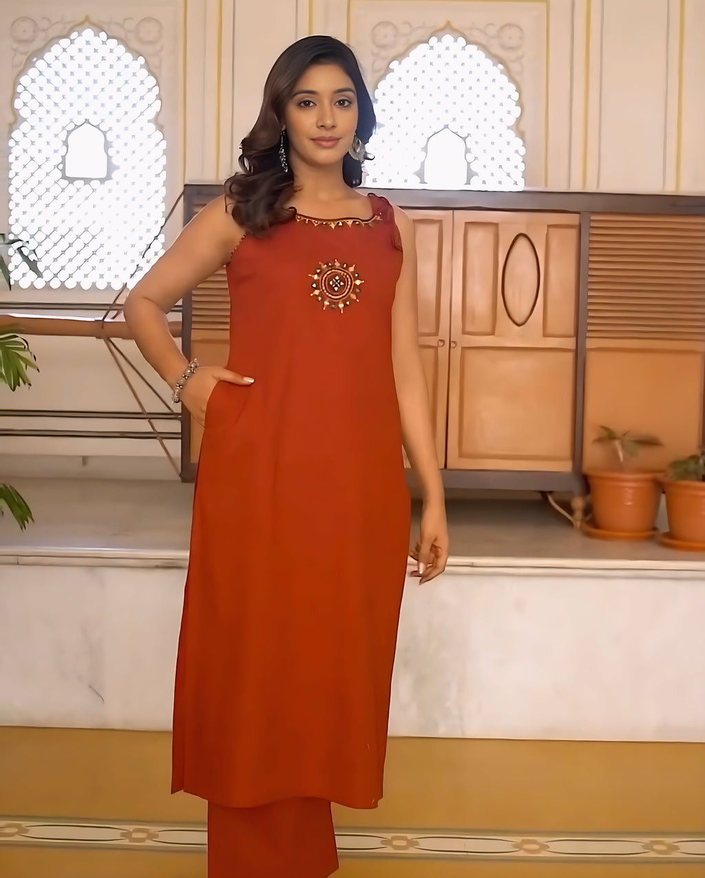 Rust Handcrafted Cotton Kurta Set – Elegant Festive