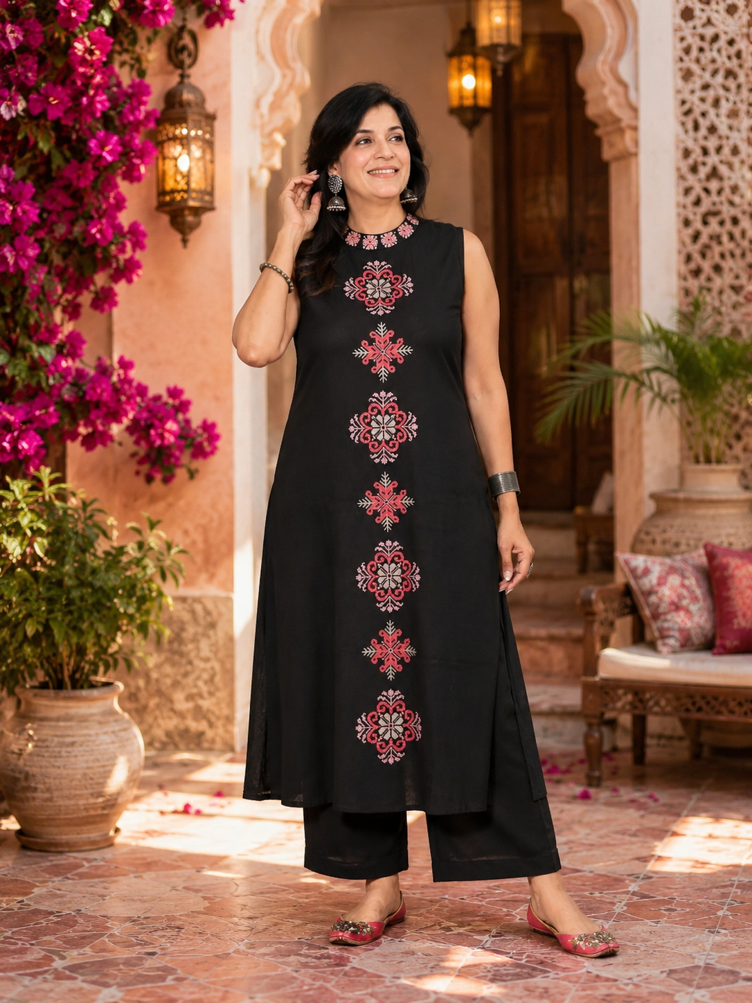 Handloom Cotton A-Line Kurti and Pant Co-Ord Set with Embroidered Halter Neck