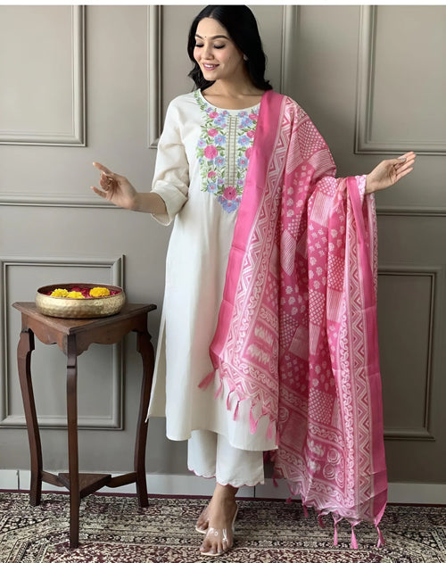 Beige & White Timeless Elegance In Pure Handloom Khadi Cotton With Intricate Embroidery & Khadi Silk Dupatta