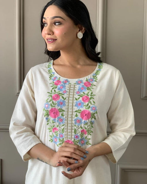 Beige & White Timeless Elegance In Pure Handloom Khadi Cotton With Intricate Embroidery & Khadi Silk Dupatta