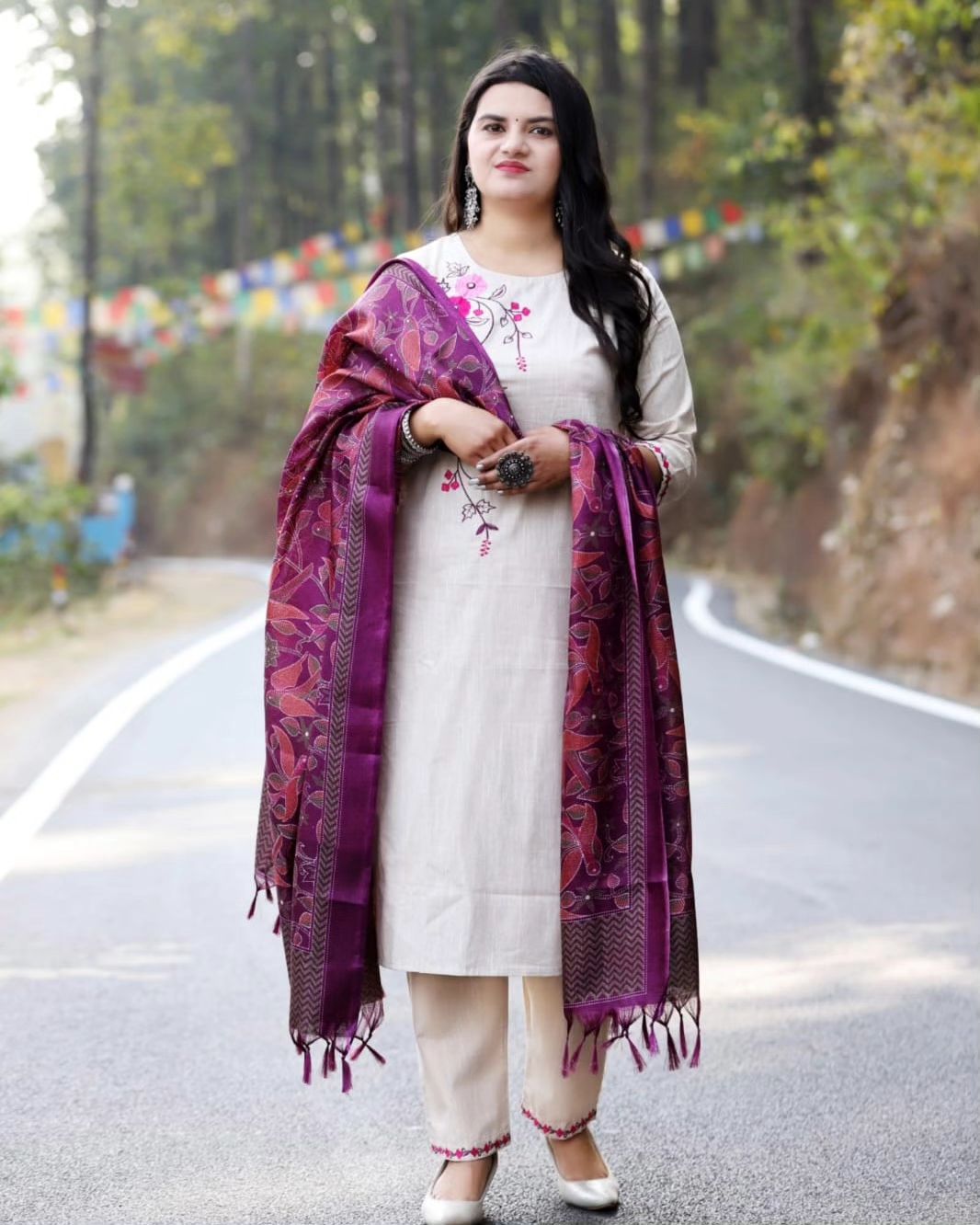 Beige Cotton Handloom Kurta Set With Embroidered And Art Silk Dupatta