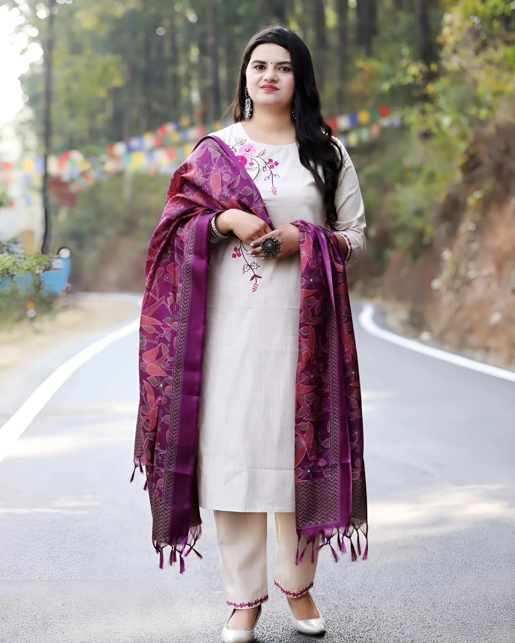 Beige Cotton Handloom Kurta Set With Embroidered And Art Silk Dupatta