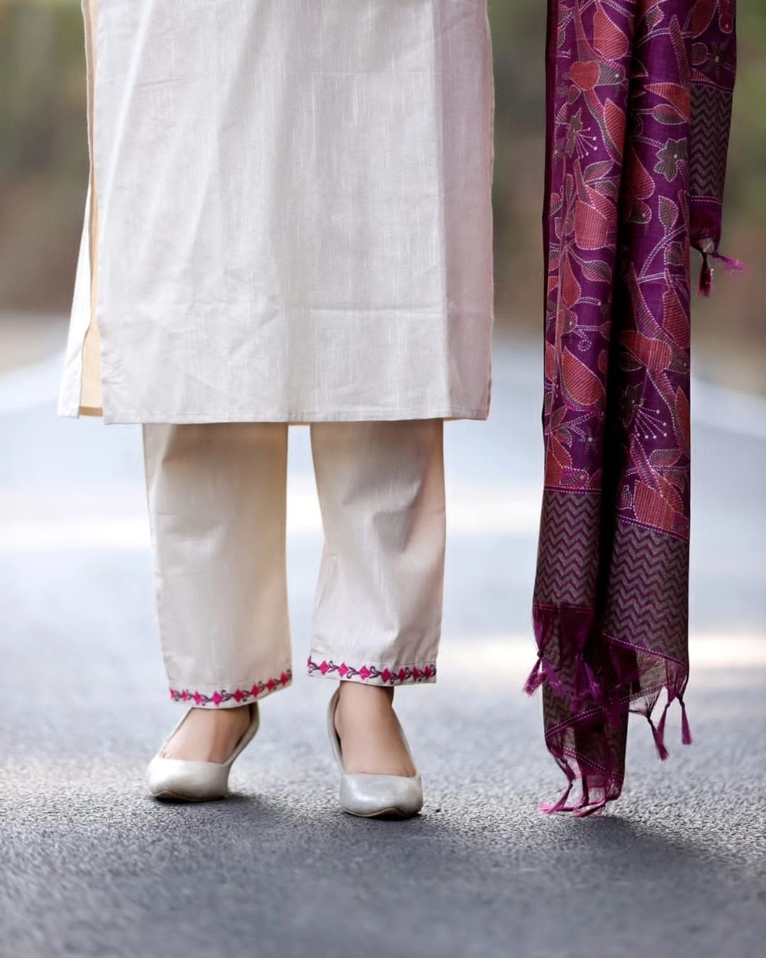 Beige Cotton Handloom Kurta Set With Embroidered And Art Silk Dupatta