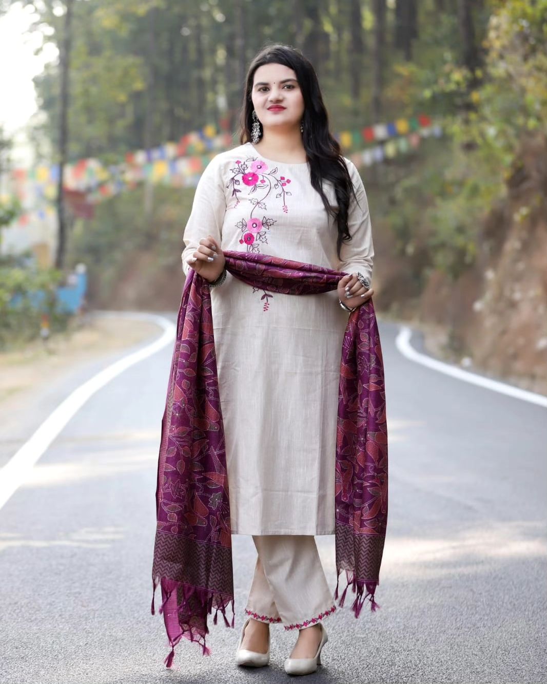 Beige Cotton Handloom Kurta Set With Embroidered And Art Silk Dupatta