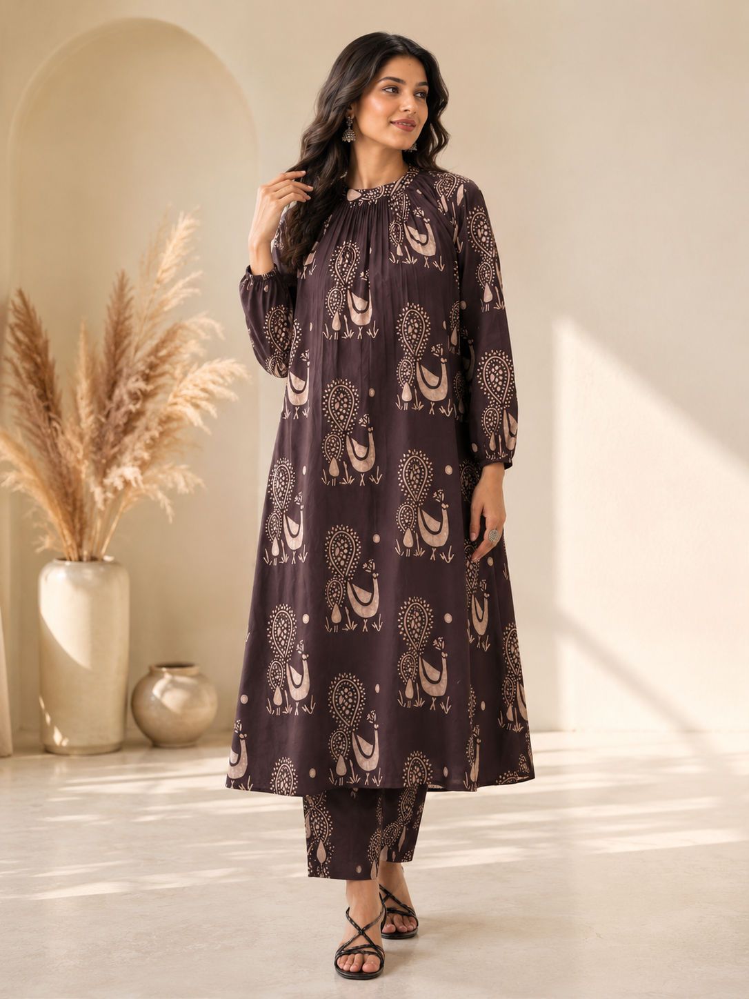 Premium Women's Pure Cotton Rajasthani Peacock Print Kaftan Style Kurti Pant Co-Ord Set