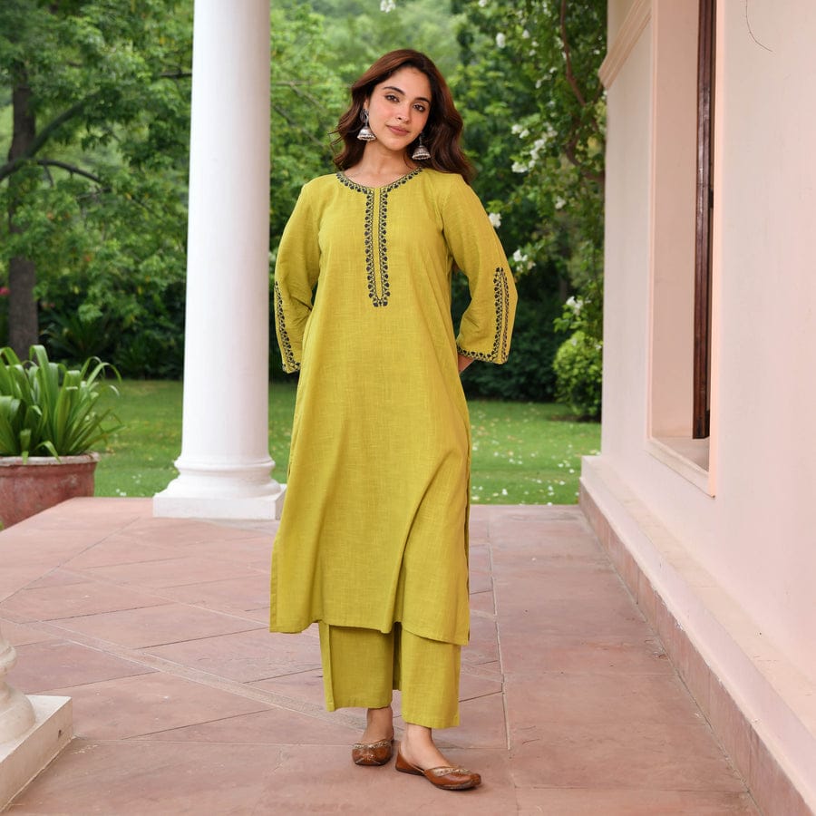 Threaded Elegance Cotton Slub Kurta Set with Palazzo