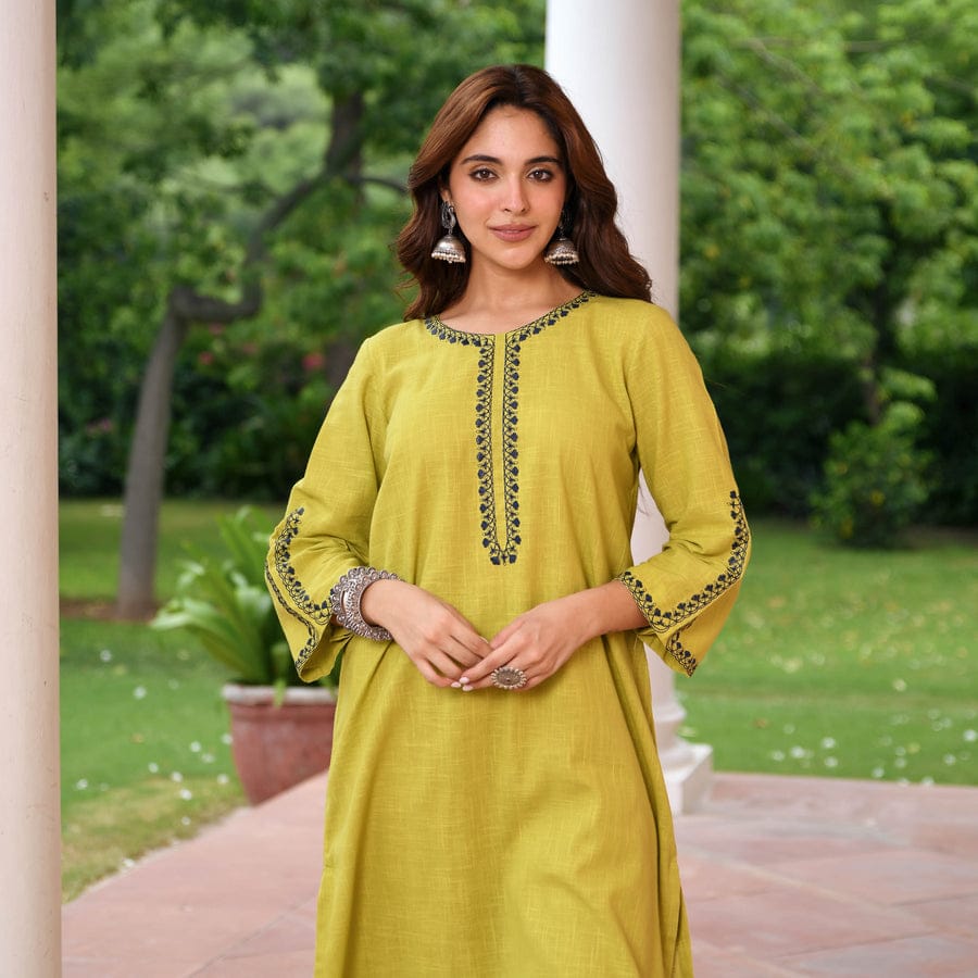 Threaded Elegance Cotton Slub Kurta Set with Palazzo