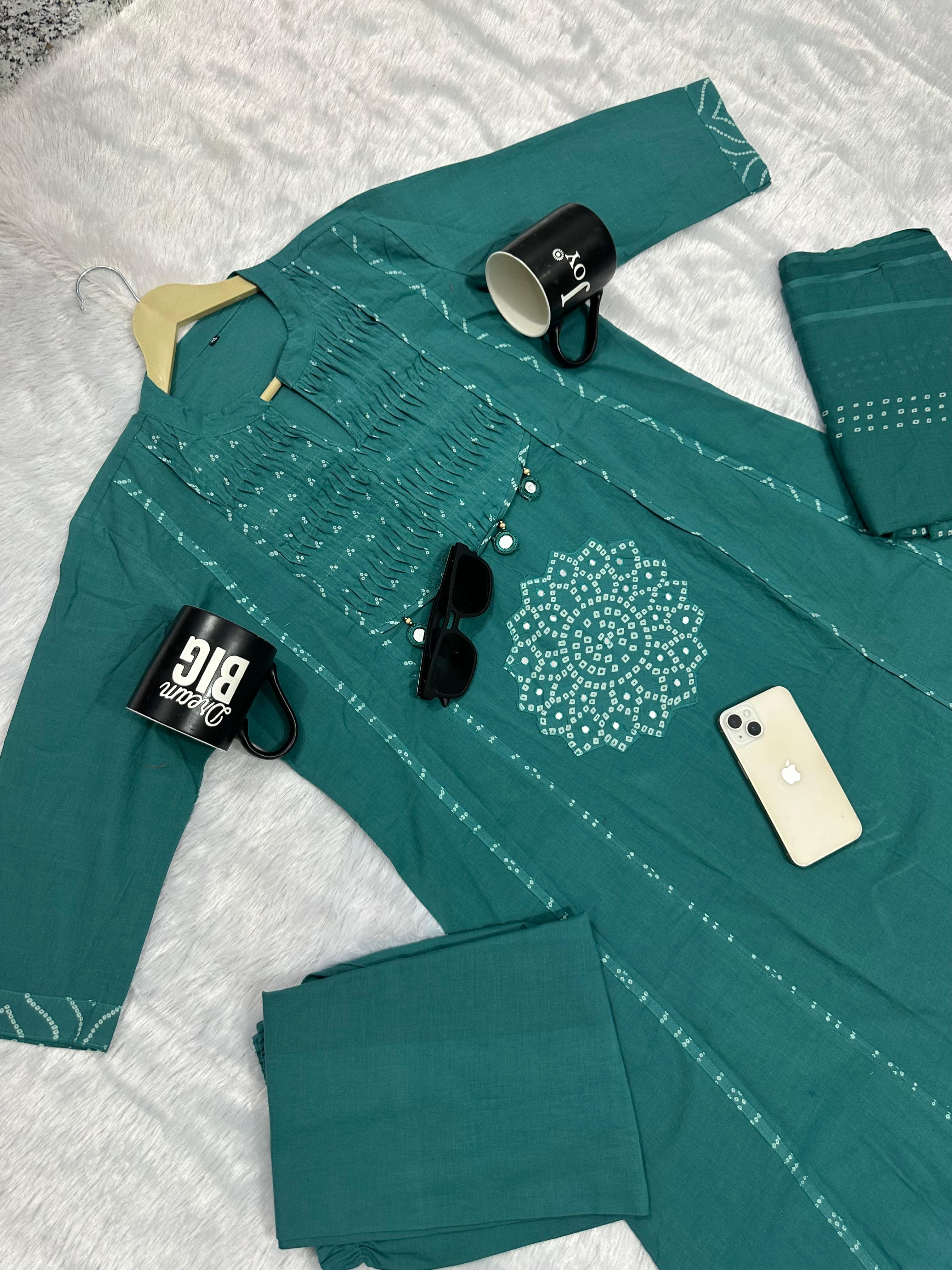 Women's Premium A-Line Cotton Kurta Pant Dupatta Set with Pintex & Adda Work