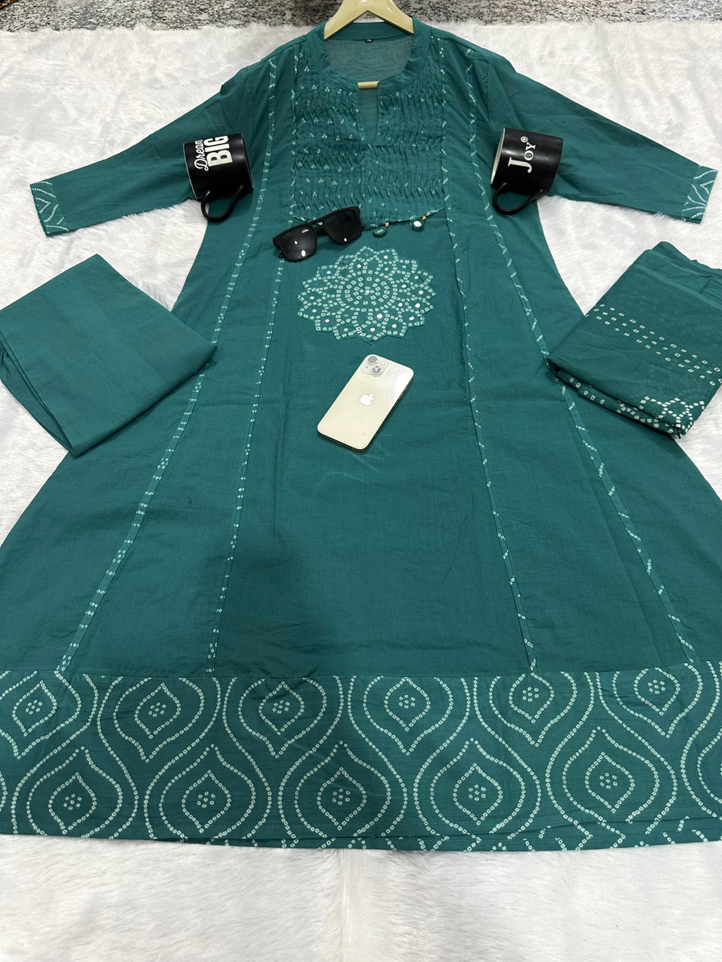 Women's Premium A-Line Cotton Kurta Pant Dupatta Set with Pintex & Adda Work
