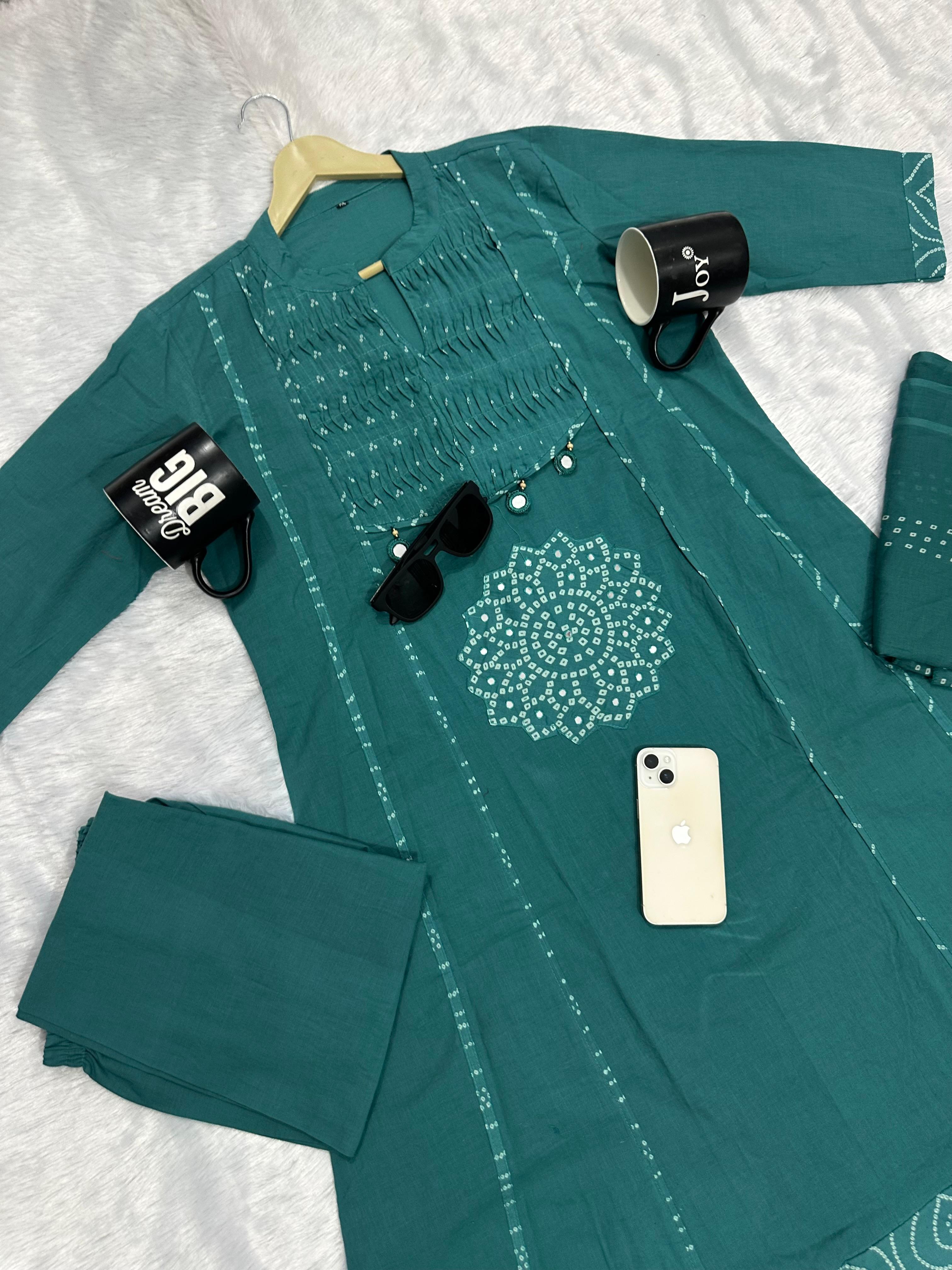 Women's Premium A-Line Cotton Kurta Pant Dupatta Set with Pintex & Adda Work