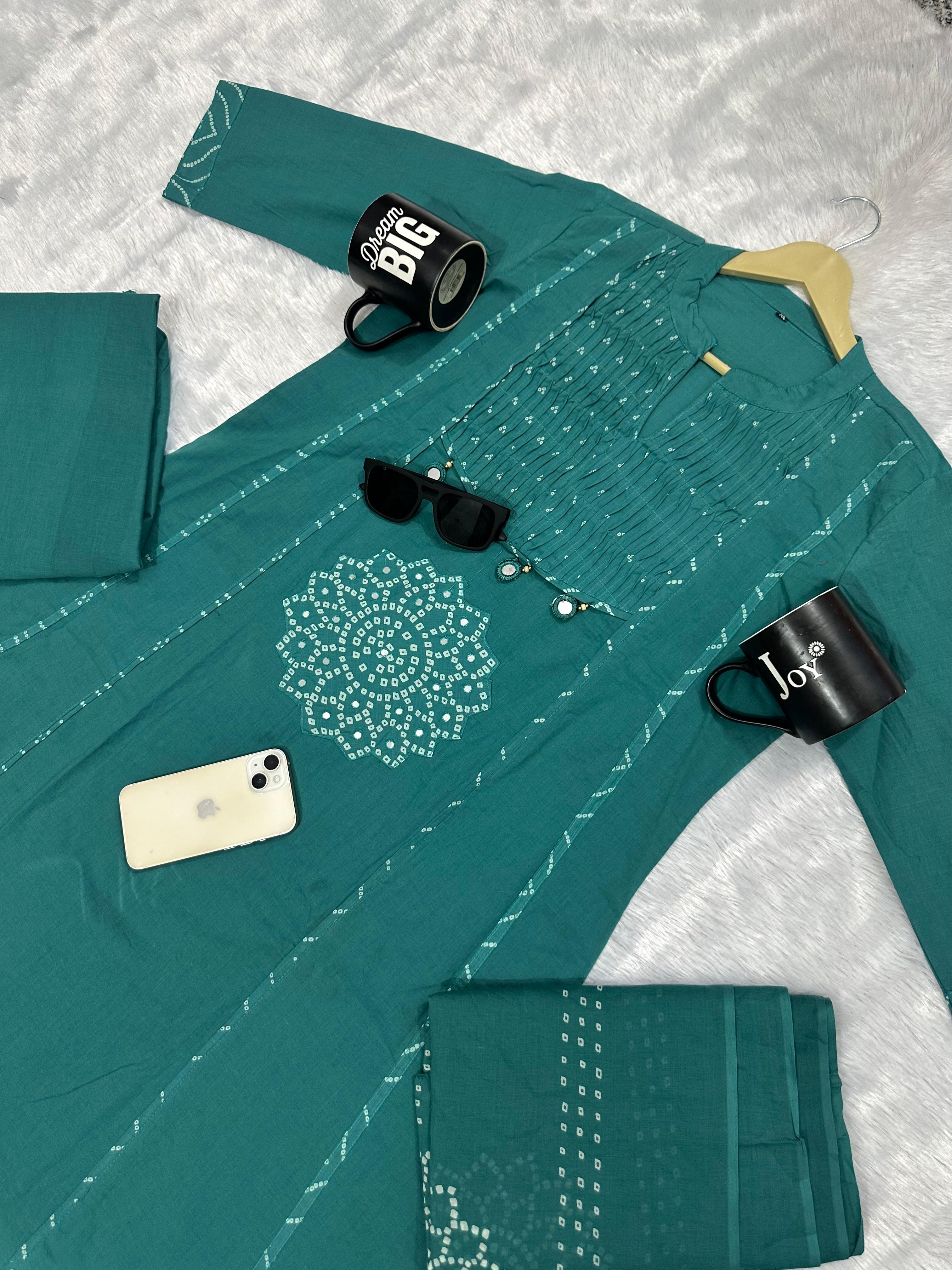 Women's Premium A-Line Cotton Kurta Pant Dupatta Set with Pintex & Adda Work