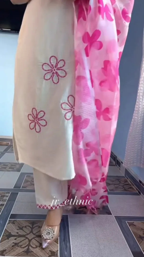 Beautiful Cotton Flax Kurti Set with Pant & Dupatta with Embroidery Work