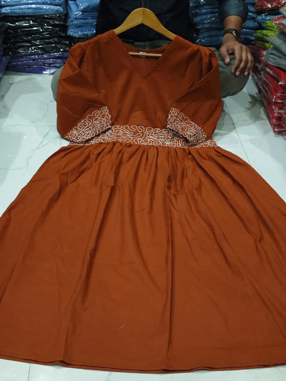Classy cotton gown dress with embroidered detailing and graceful summer silhouette